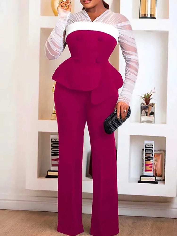 FZ Women's S Mesh Sleeves Slim Top and Slacks Two Piece Pants Suit