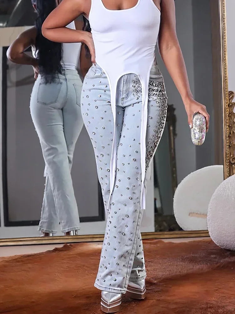 FZ Women's Plus Size Beading High Waist Slim Vintage Streetwear Denim Pants
