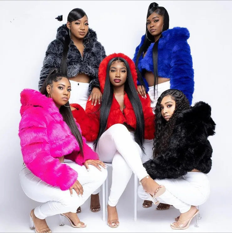 FZ Women's Faux Fur Thick Warm Hooded Open Stitch Short Coat Jacket