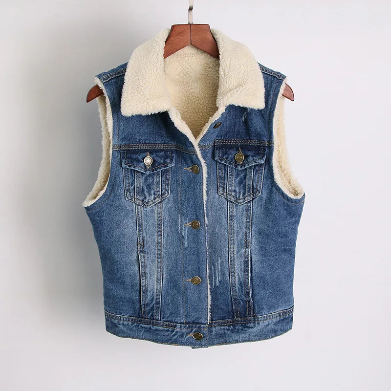 FZ Women's Slim Fit Lamb Fur Thickened Sleeveless Denim Jacket