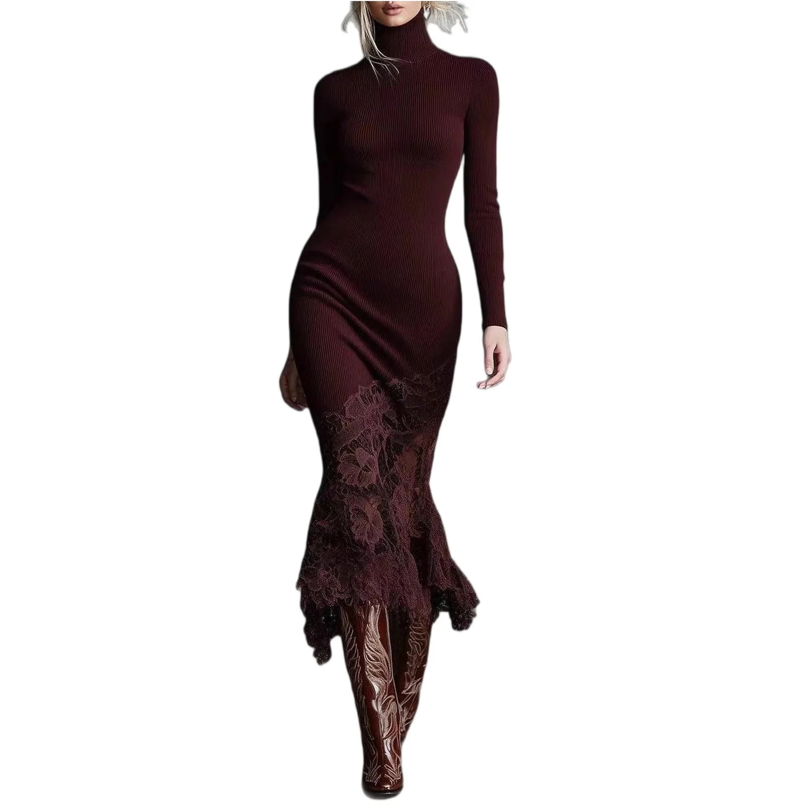FZ Women's Solid Slim-Fit Long Sleeve Maxi Lace Hem Turtleneck Dress