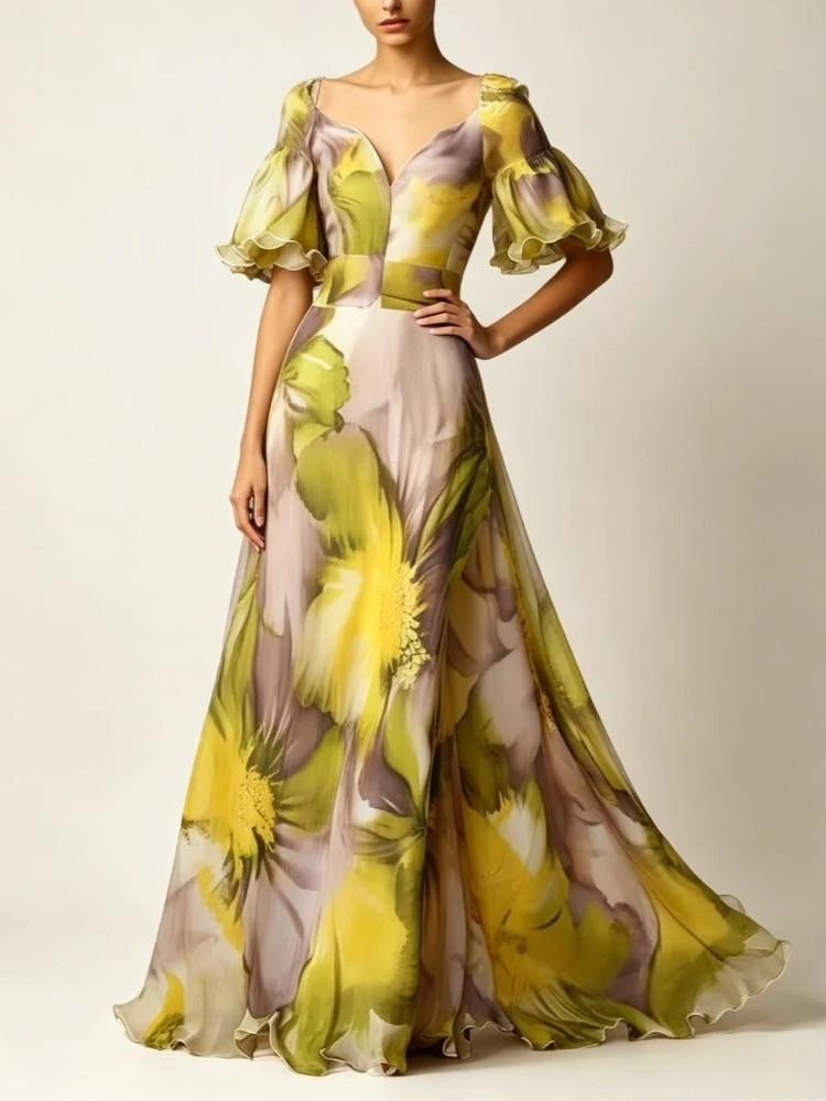 FZ Women's Deep V Neck Ruffle Short Sleeve Maxi Dress