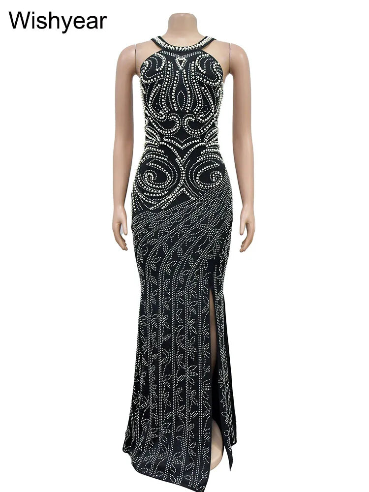 FZ Women's Luxury Rhinestone Mesh Slit Backless Maxi Evening Dress - FZwear