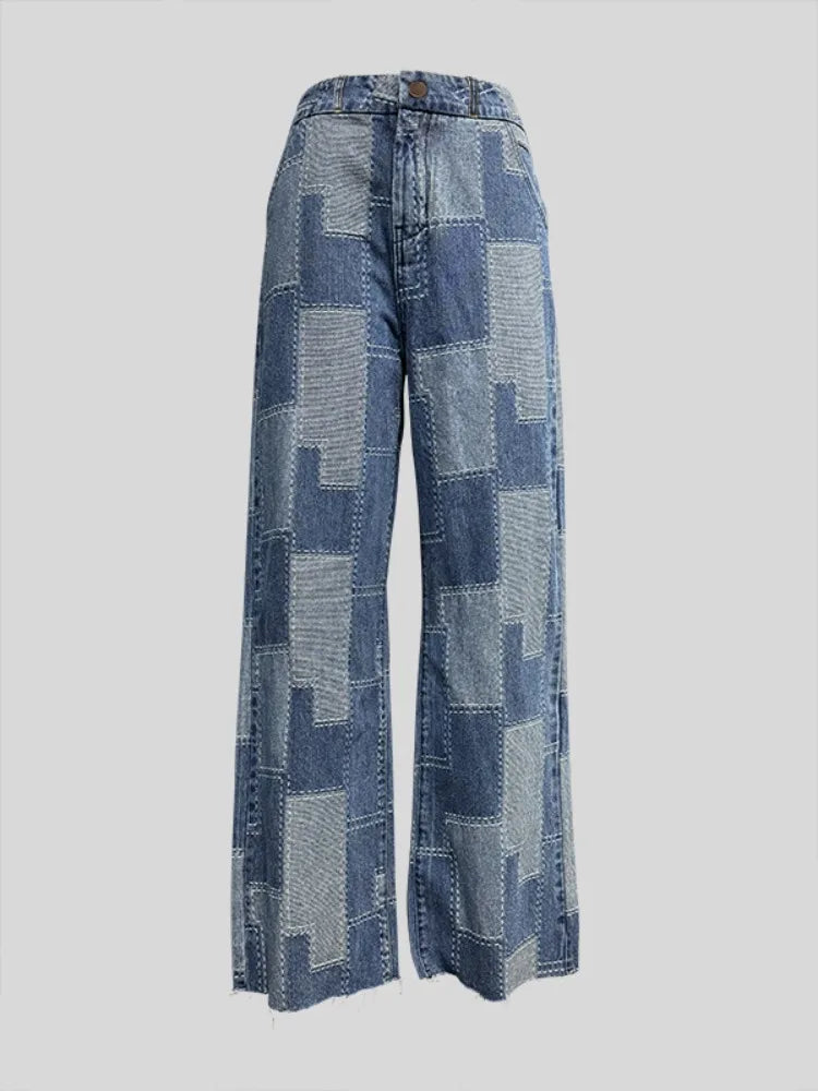 FZ Women's Plaid Contrast Loose Buttoned High Waist Wide Leg Imitation Denim Pants