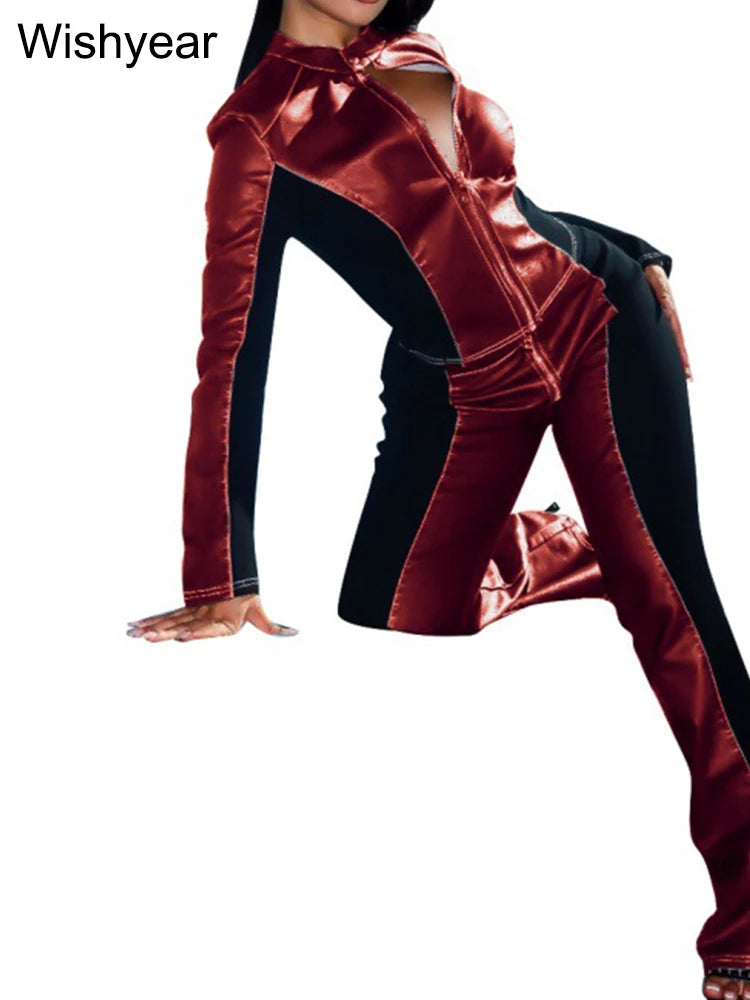 FZ Women's Street moto bike stretch PU Leather flared 2 Pieces Pants Suit