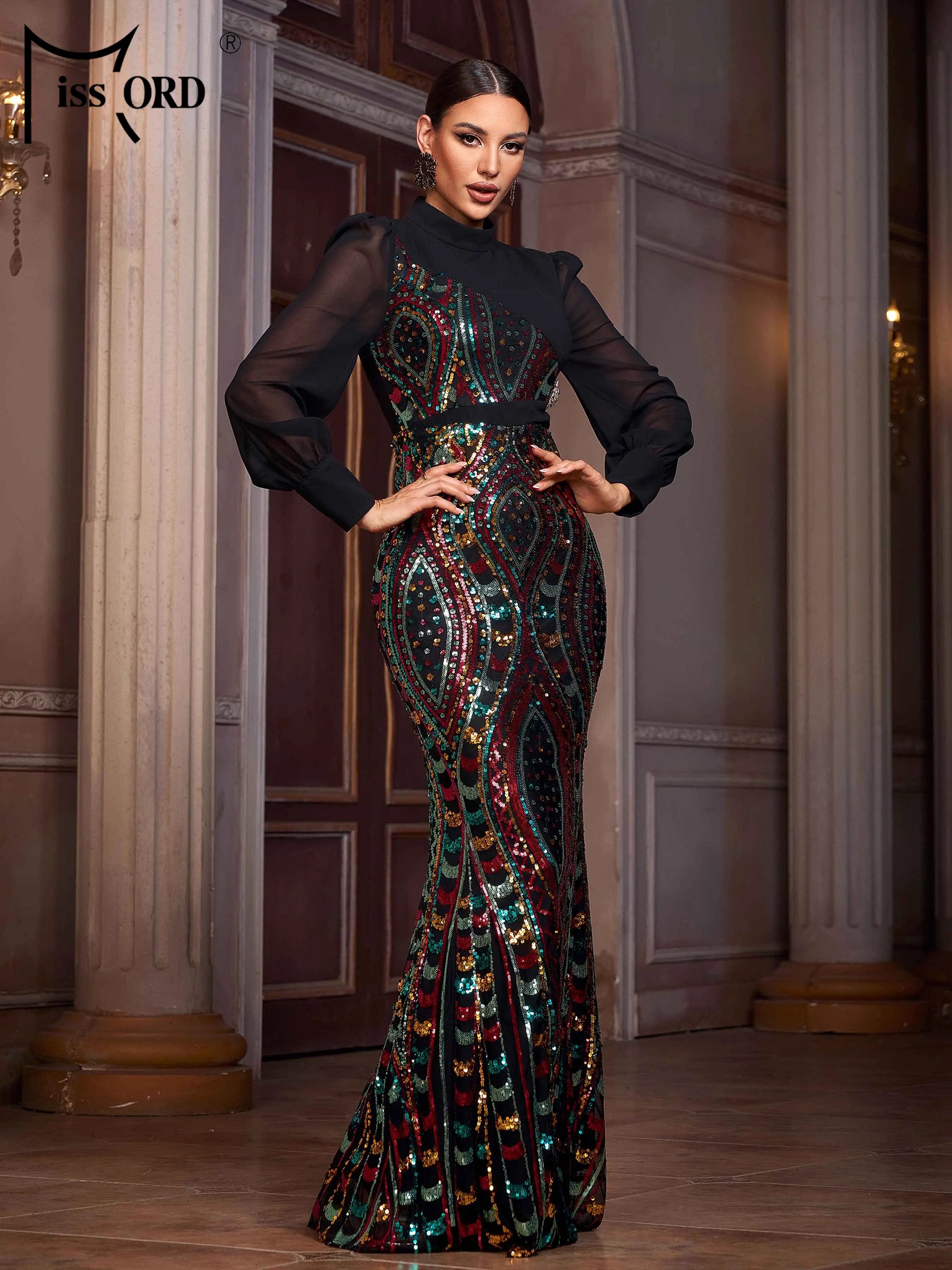 FZ Women's Round Neck Panel Geometric Sequin Mermaid Evening Dress