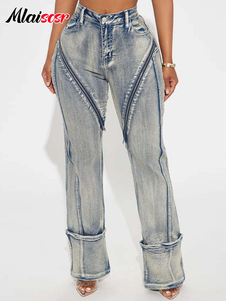 FZ Women's Streetwear Patchwork High Waist Button Fly Slim Denim Pants