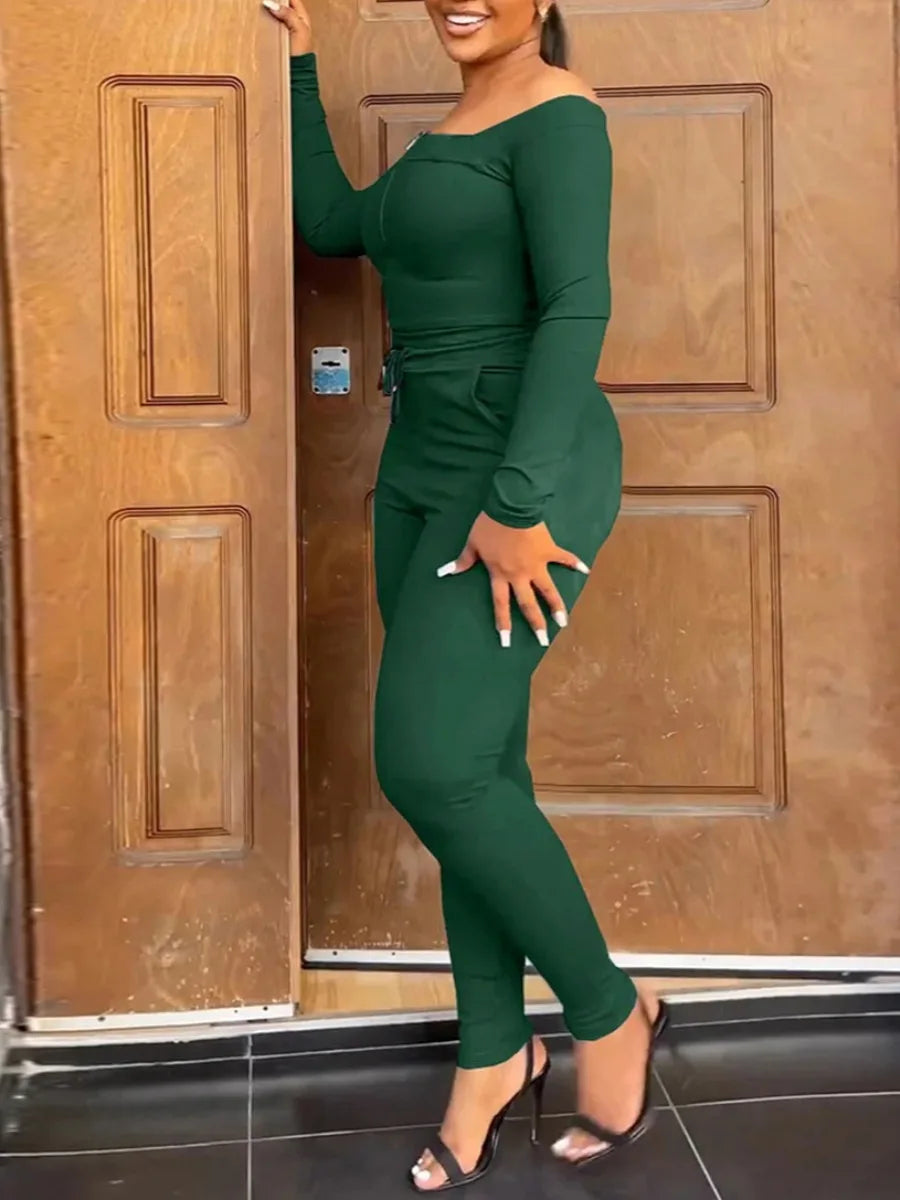 FZ Women's Plus Size  Off The Shoulder Drawstring Bateau Neck Pants Suit - FZwear