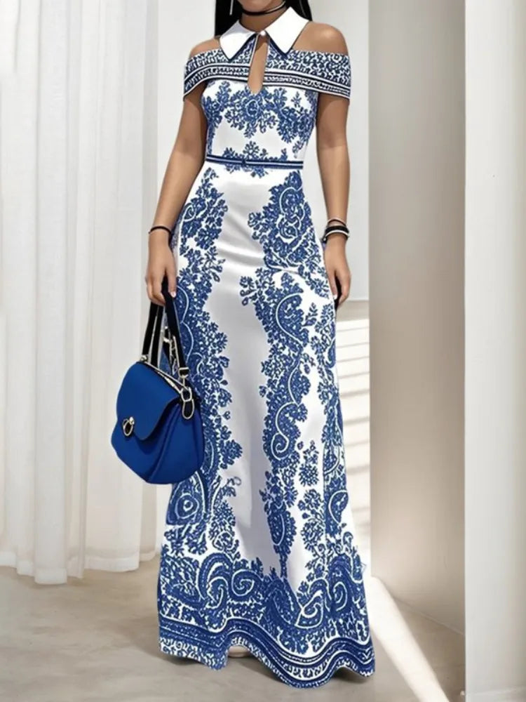 FZ Women's Floral Printed Cold Shoulder High Waist A-line Maxi Evening Dress