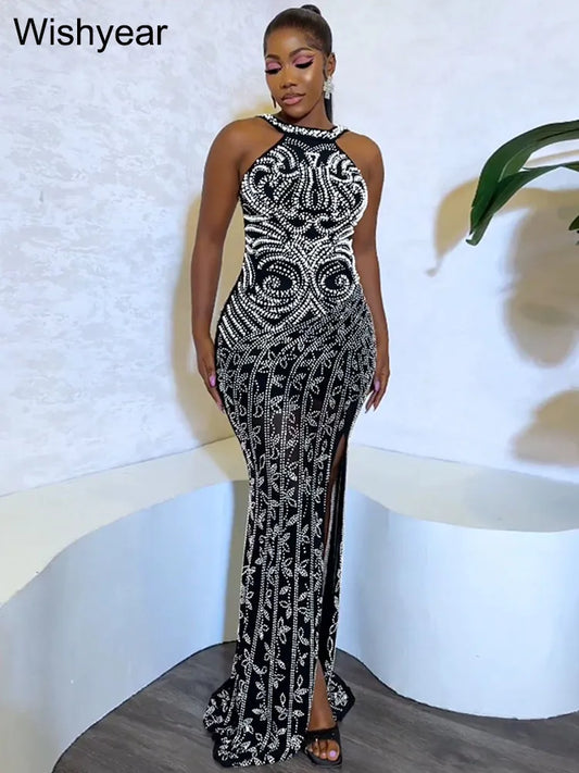 FZ Women's Luxury Rhinestone Mesh Slit Backless Maxi Evening Dress