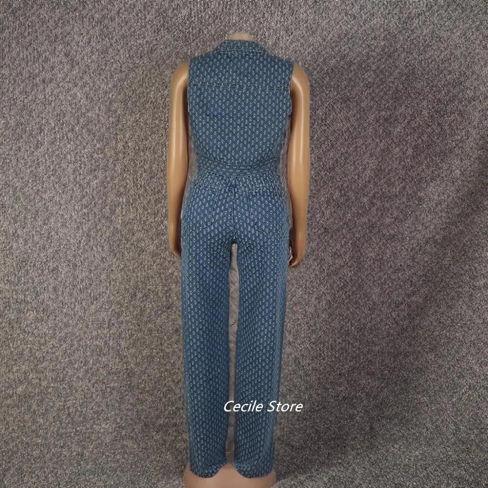 FZ Women's African Ripped Three-piece Wide Leg Slit Denim Pants Suit