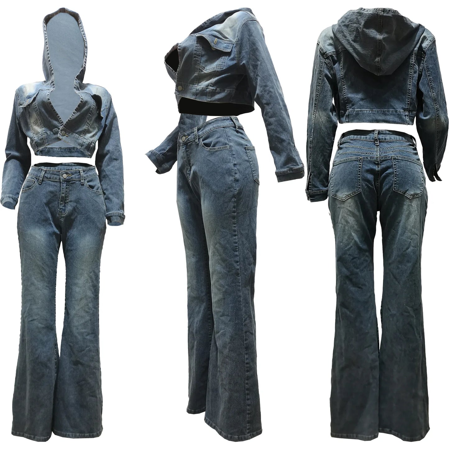 FZ Women's  Hoodie  Hight Waist Flare Two Piece Denim Pants Suit