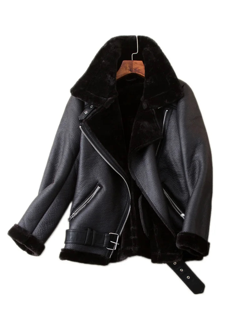 FZ Women's Streetwear Faux Leather Fur Sheepskin Jacket