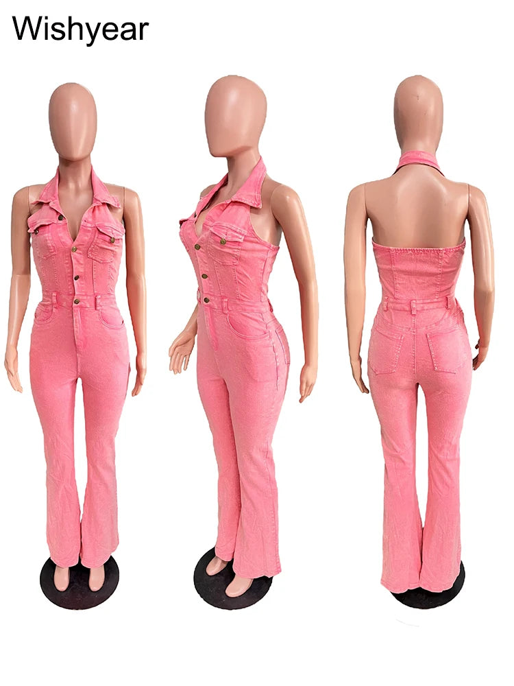 FZ Women's Halter Backless Wide Leg Streetwear One Piece Denim Jumpsuit