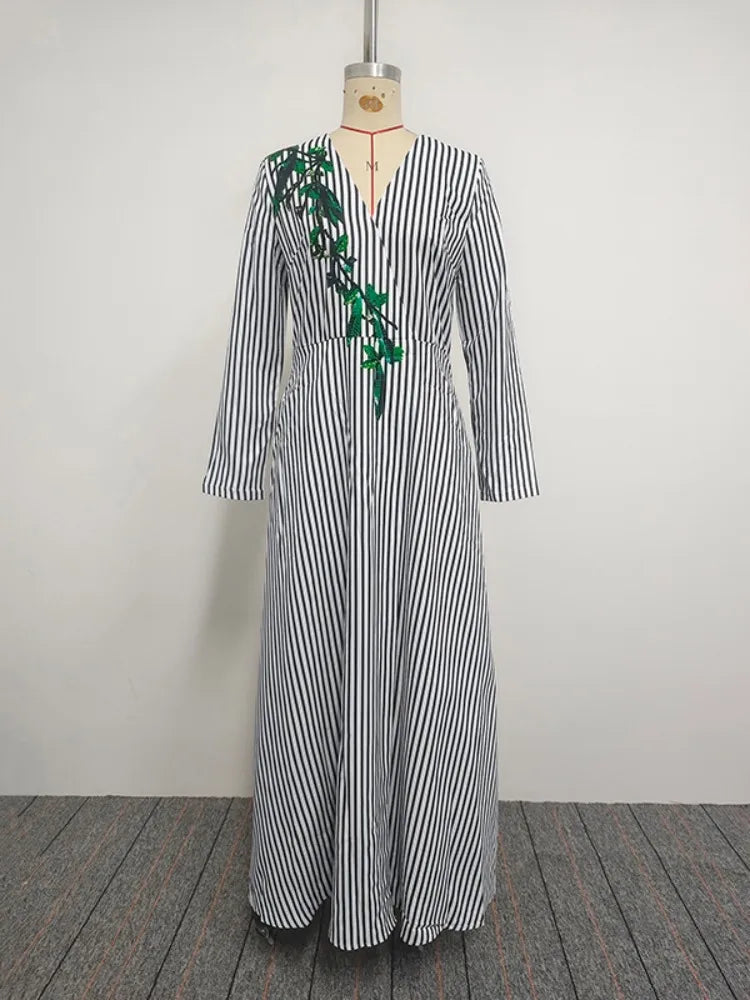 FZ Women's Striped  A-line V Neck Long Sleeve Printed Max Dress