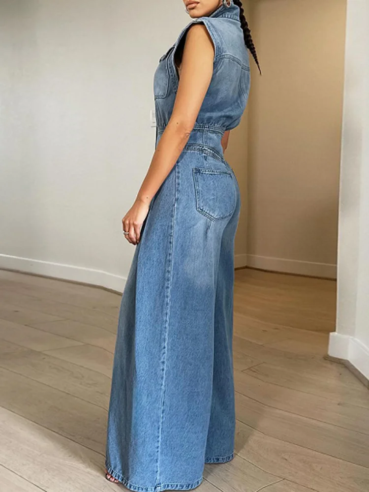 FZ Women's Vintage Loose Denim Wide Leg Pants Jumpsuit - FZwear