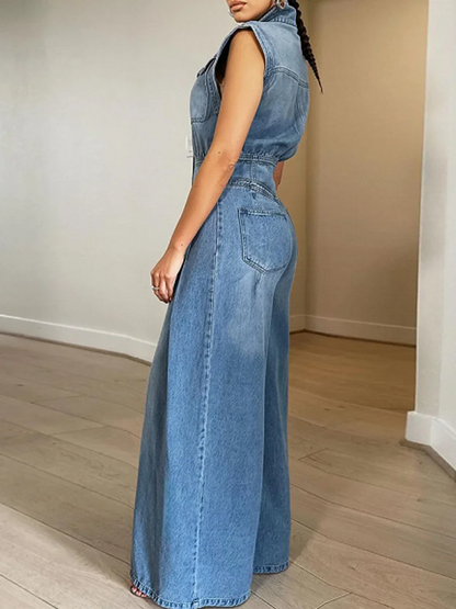 FZ Women's Vintage Loose Denim Wide Leg Pants Jumpsuit