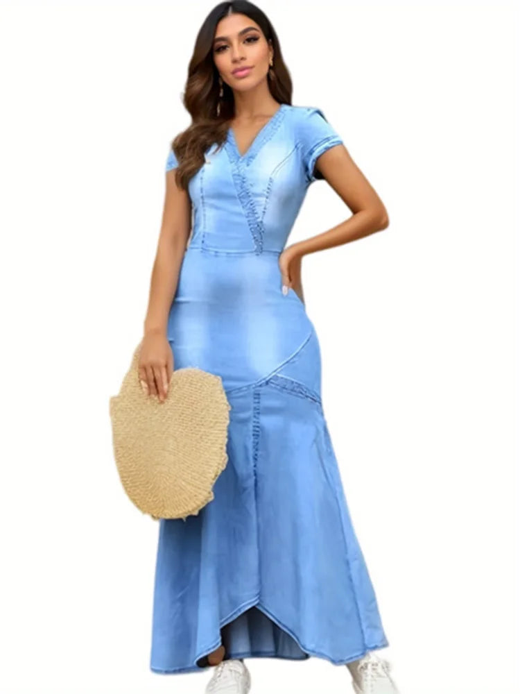 FZ Women's Plus Size Casual Plain V Neck Short Sleeve Maxi Denim Maxi Dress - FZwear