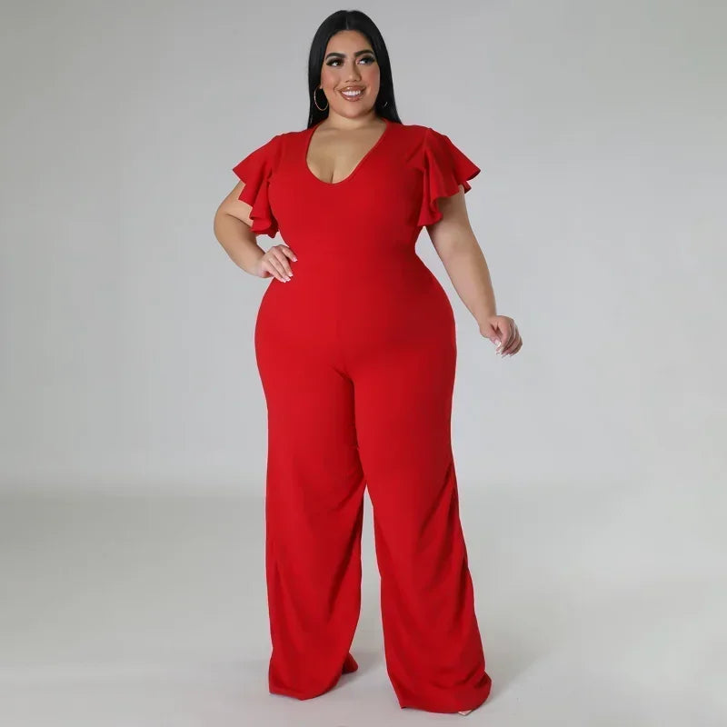 FZ Women's Plus Size V-neck Ruffles Sleeve High Waist Wide Leg Straight Jumpsuit