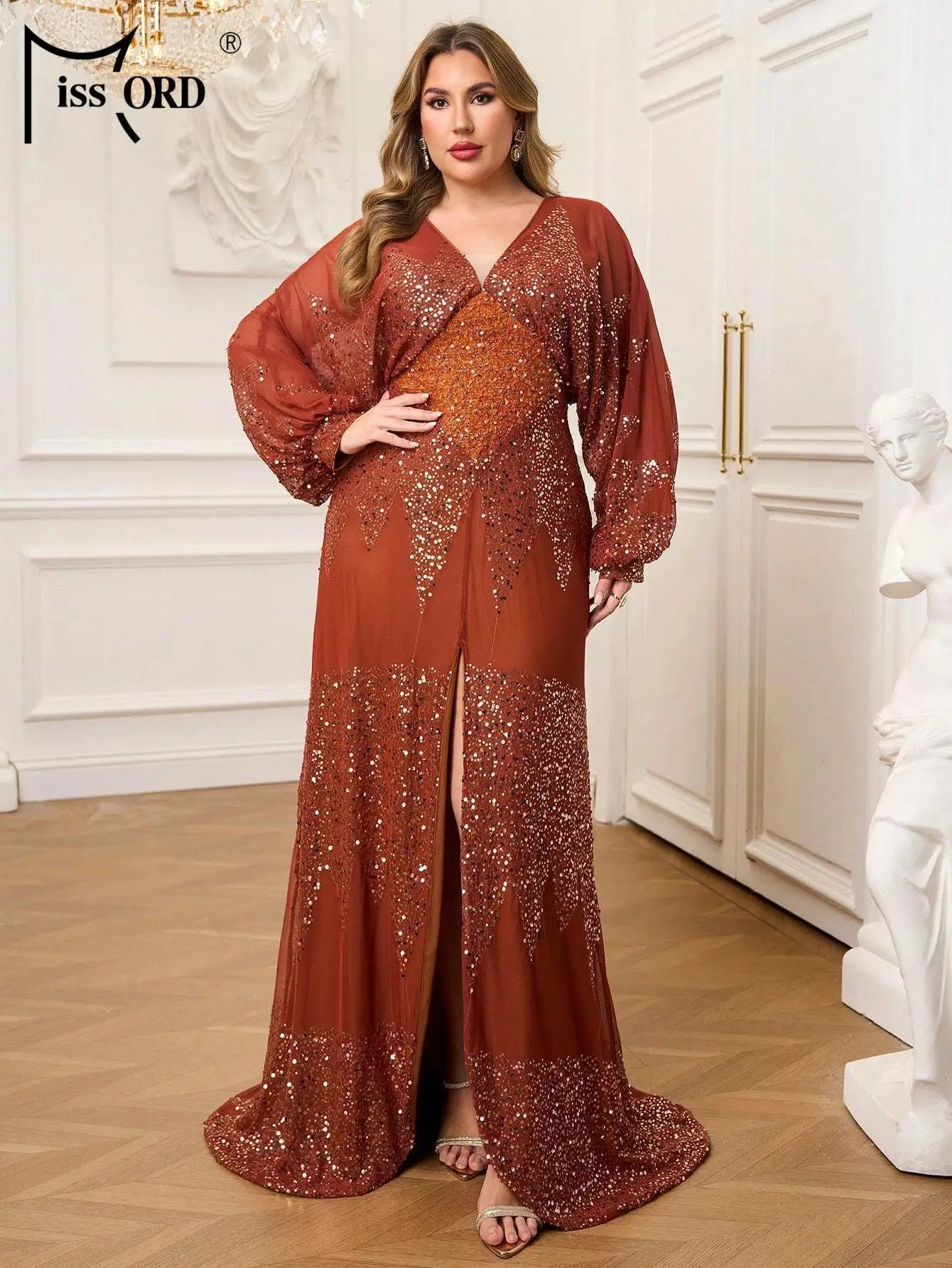 FZ Women's Plus Size V Neck Lantern Sleeve Sequin Evening Dress