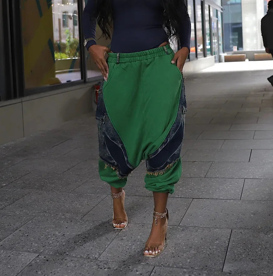 FZ Women's Loose Harem Elastic Waist and Tassel Design Denim Pants