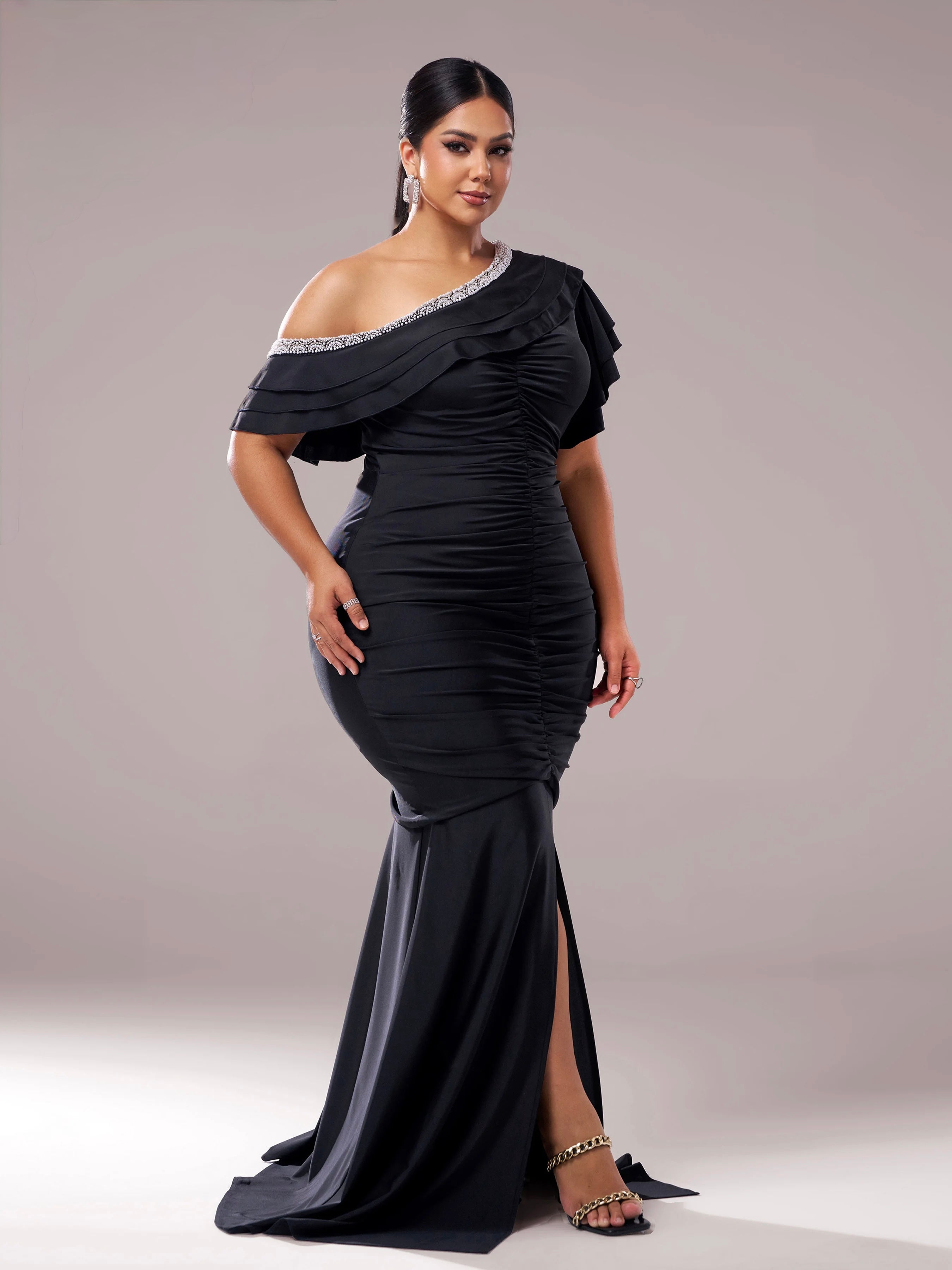 FZ Women's Plus Size One Shoulder Ruched Maxi Evening Dress
