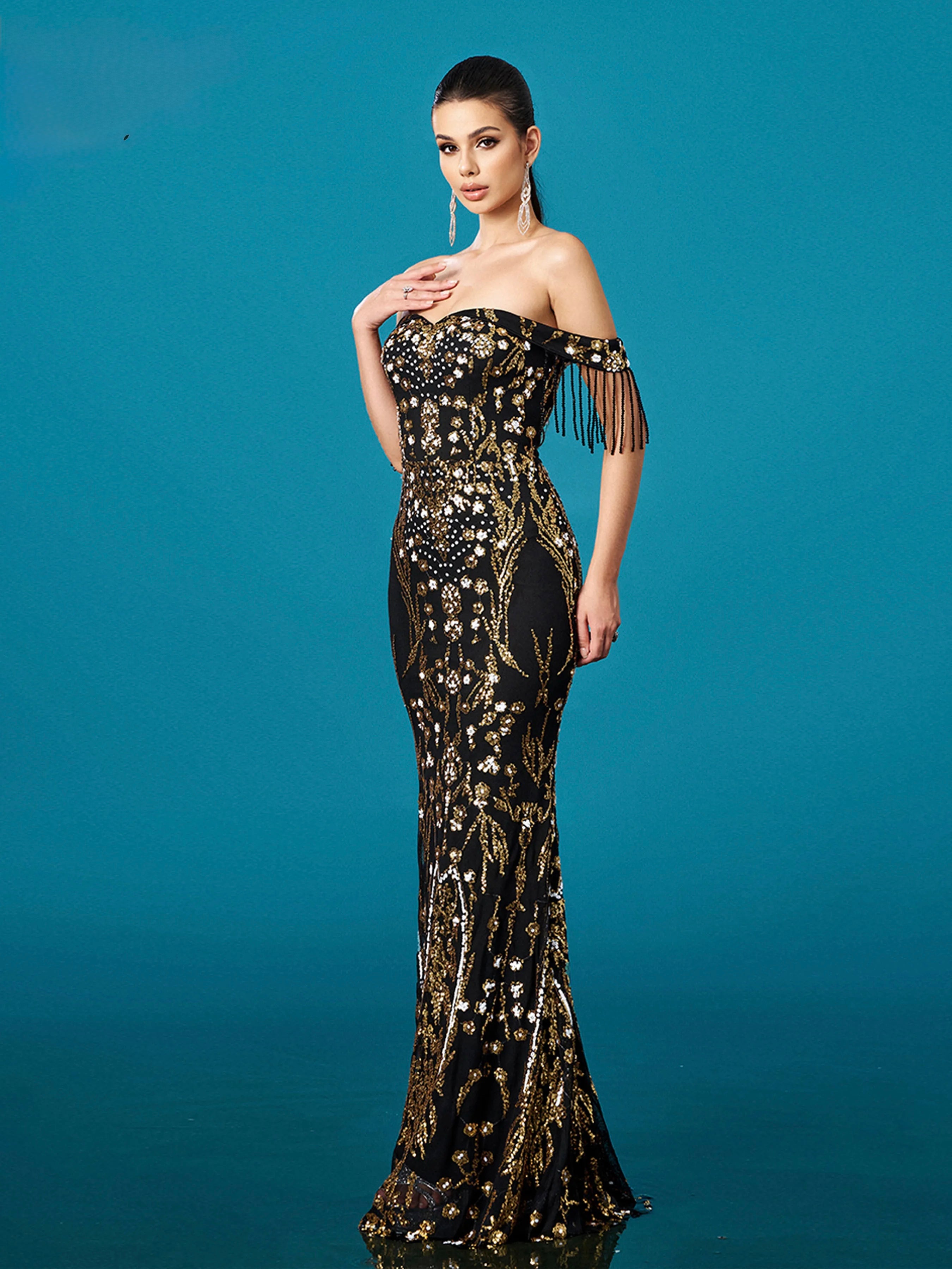 FZ Women's Off Shoulder Sequin Mermaid Floor Length Evening Dress
