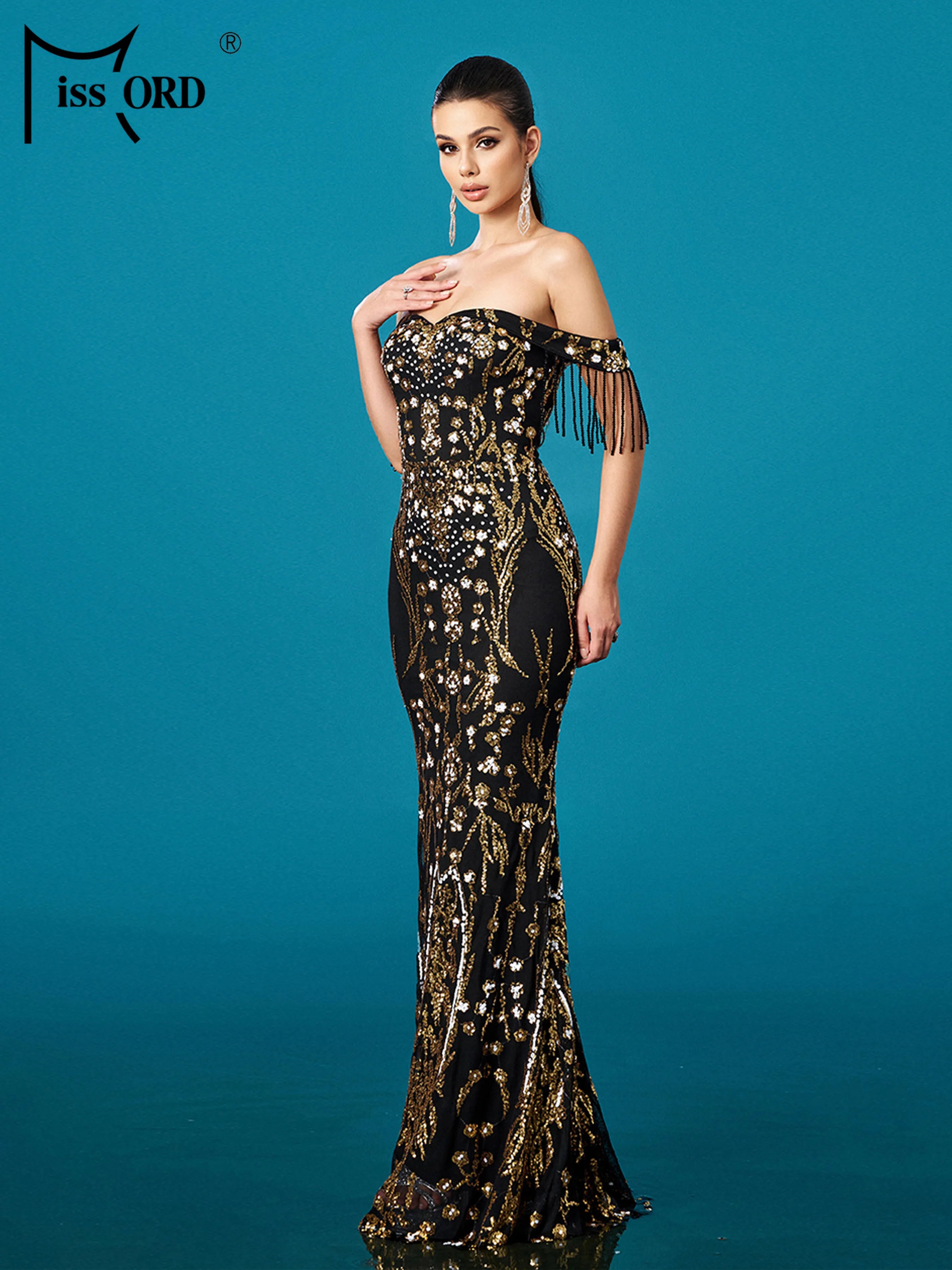 FZ Women's Off Shoulder Sequin Mermaid Floor Length Evening Dress
