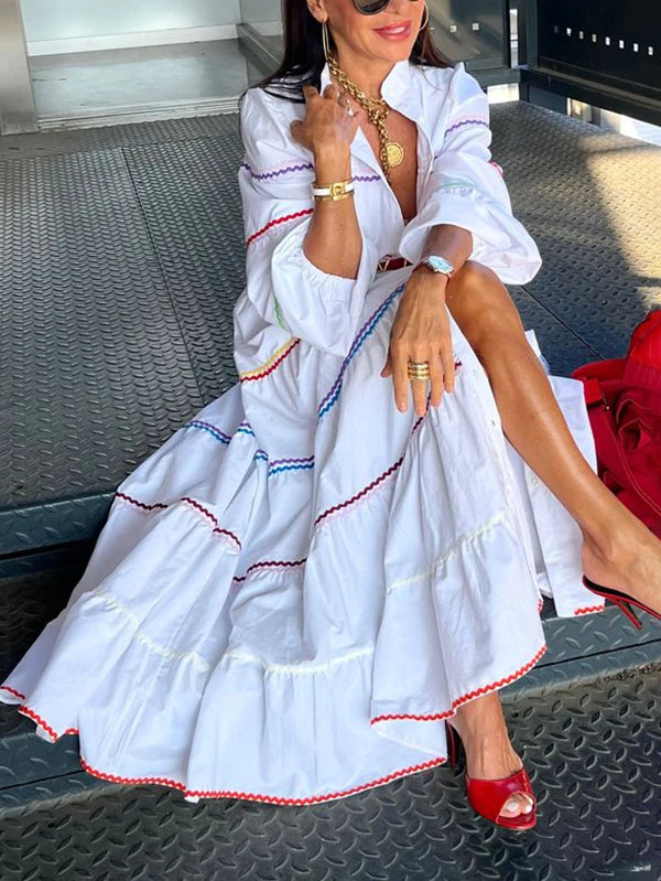 FZ Women's Evening Button Mock Neck Puff Sleeves A-line Maxi Dress