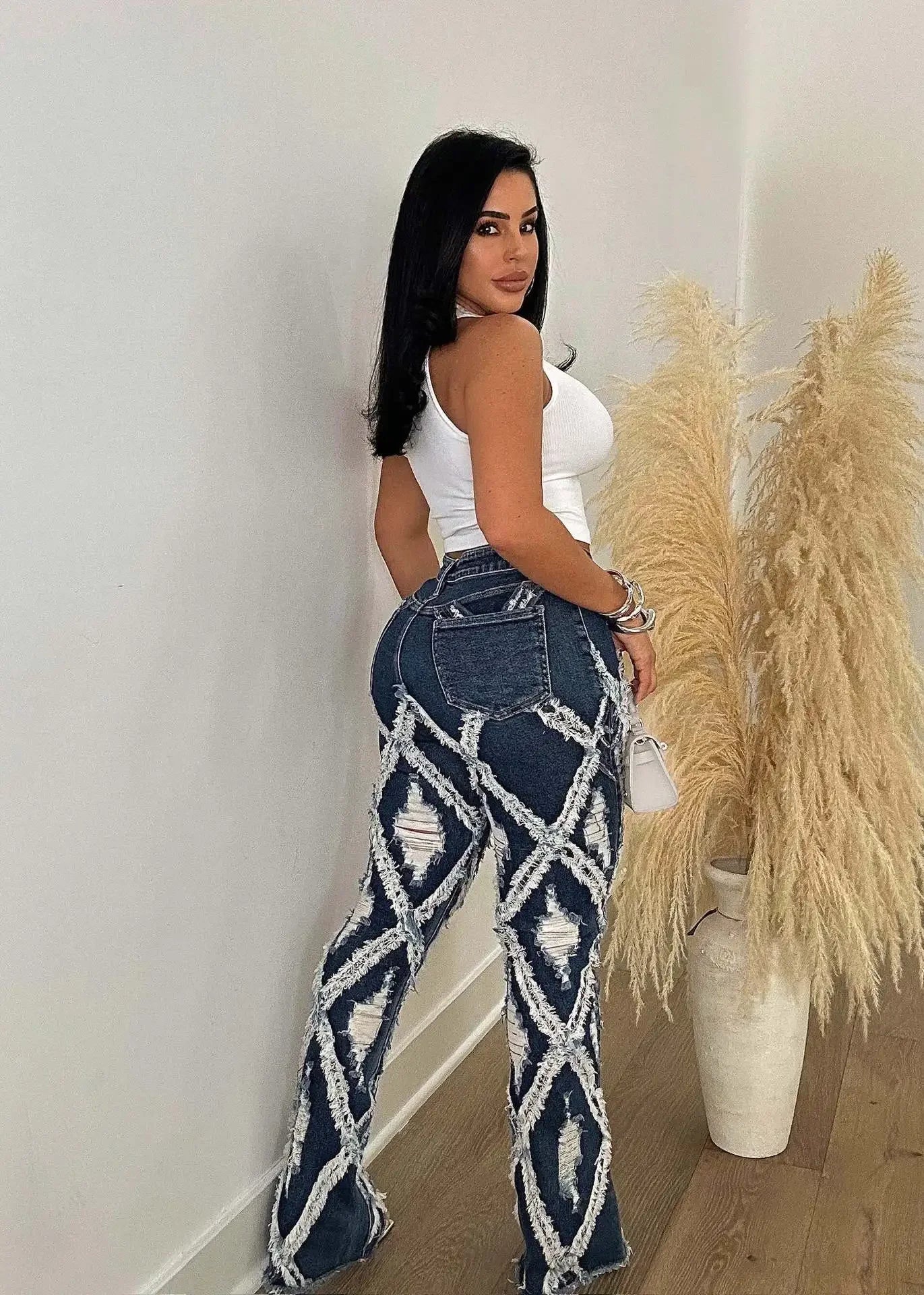 FZ Women's Wide Ripped Out Rhombus Straight Flare Denim Pants - FZwear