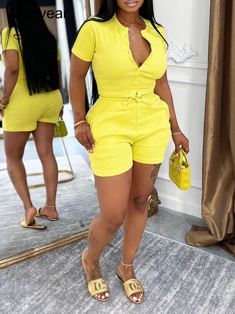 FZ Women's Casual Two Piece Short Sleeve Rib Hot Shorts Suit