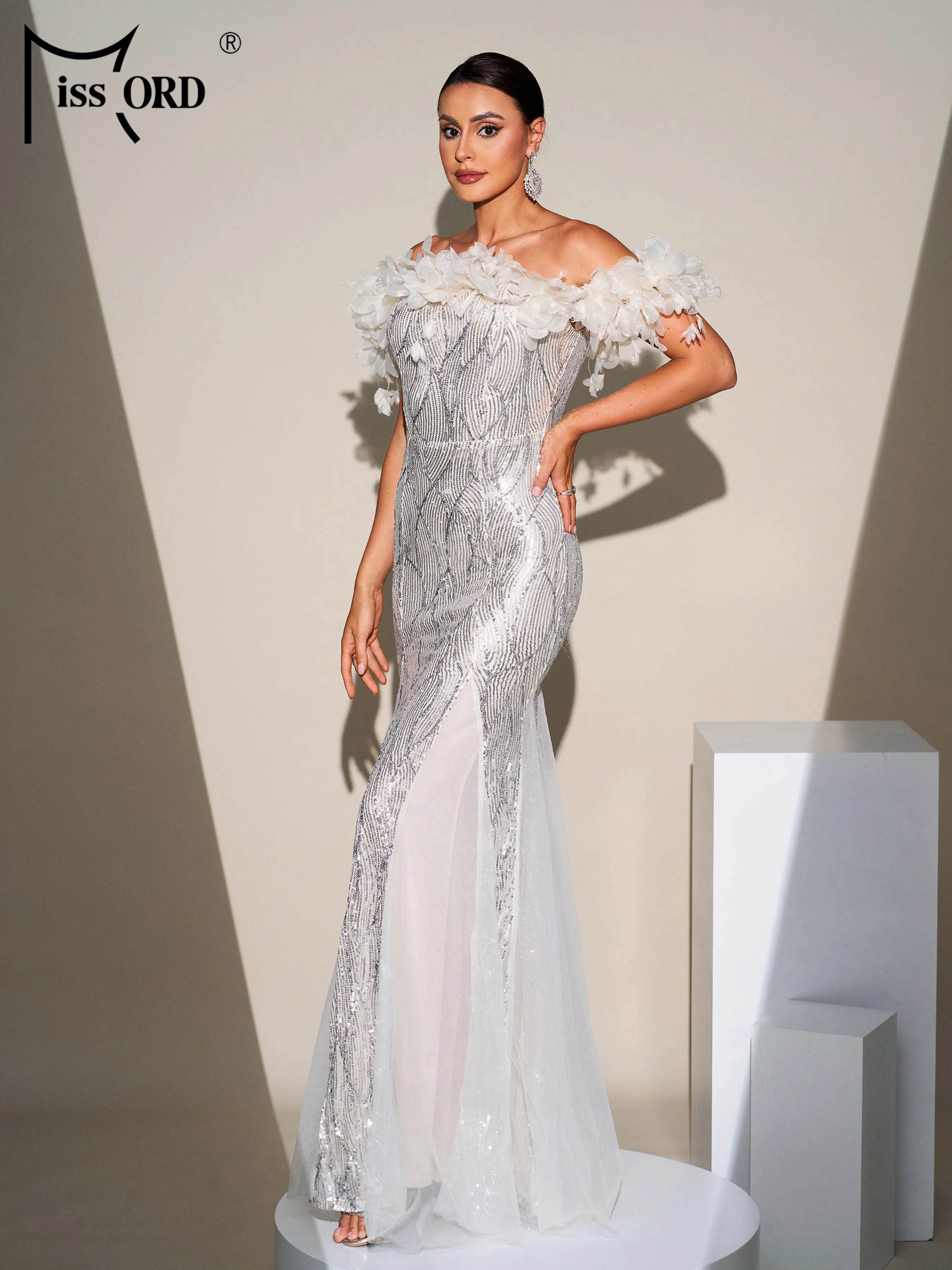 FZ Women's Off Shoulder Sequin Mermaid Evening Dress