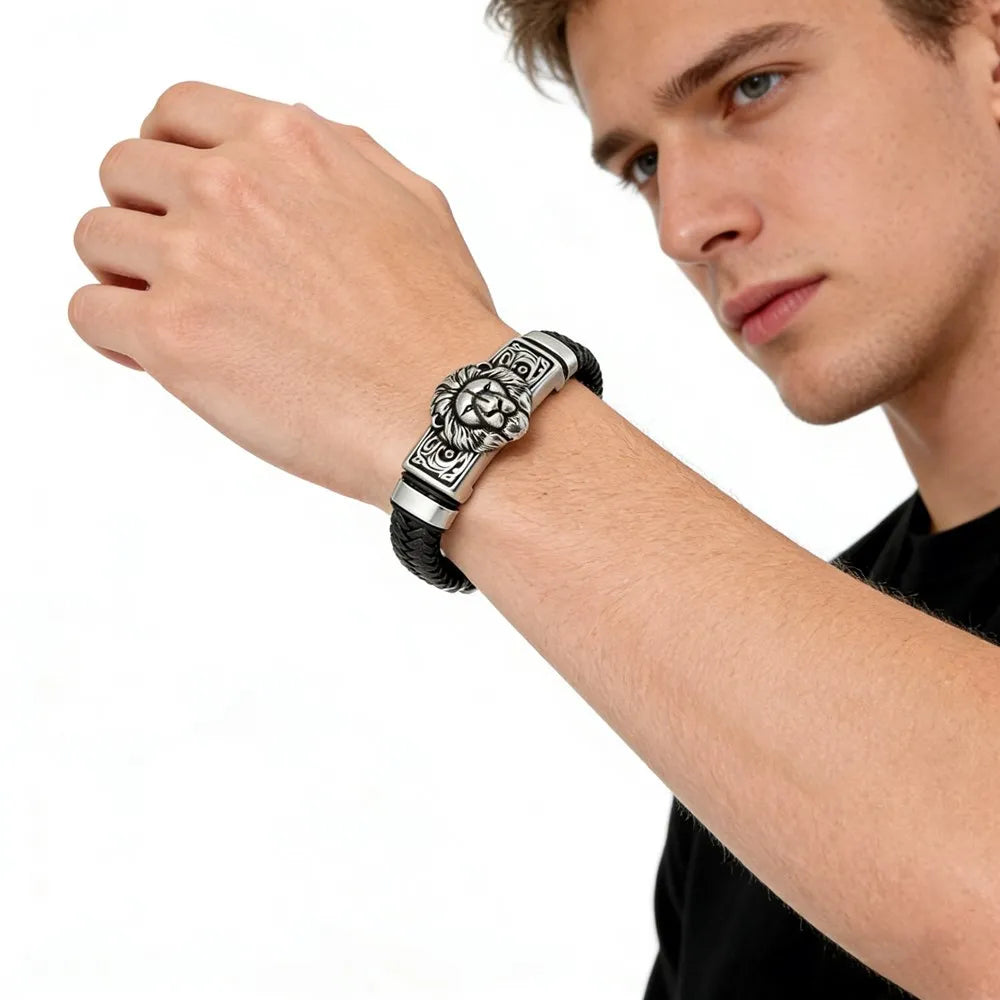 FZ Punk Lion Braided Genuine Leather Stainless Steel Magnetic Buckle Bracelet