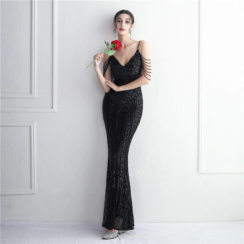 FZ Women's Sequin Long Strap Sleeveless V-neck Evening Dress