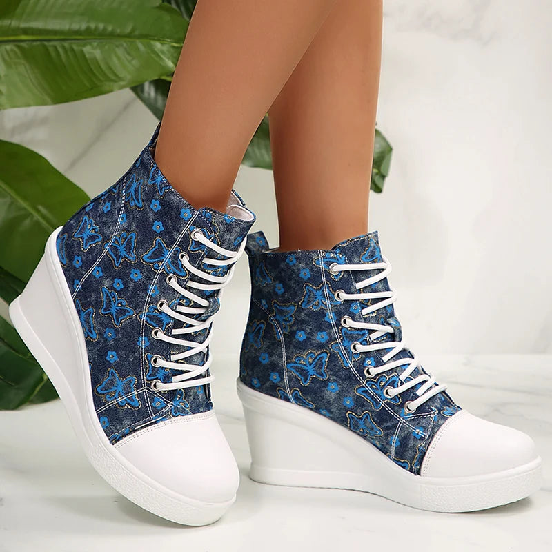 FZ Women's High Top Platform Lightweight Non Slip Lace Up Print Wedge Sneakers