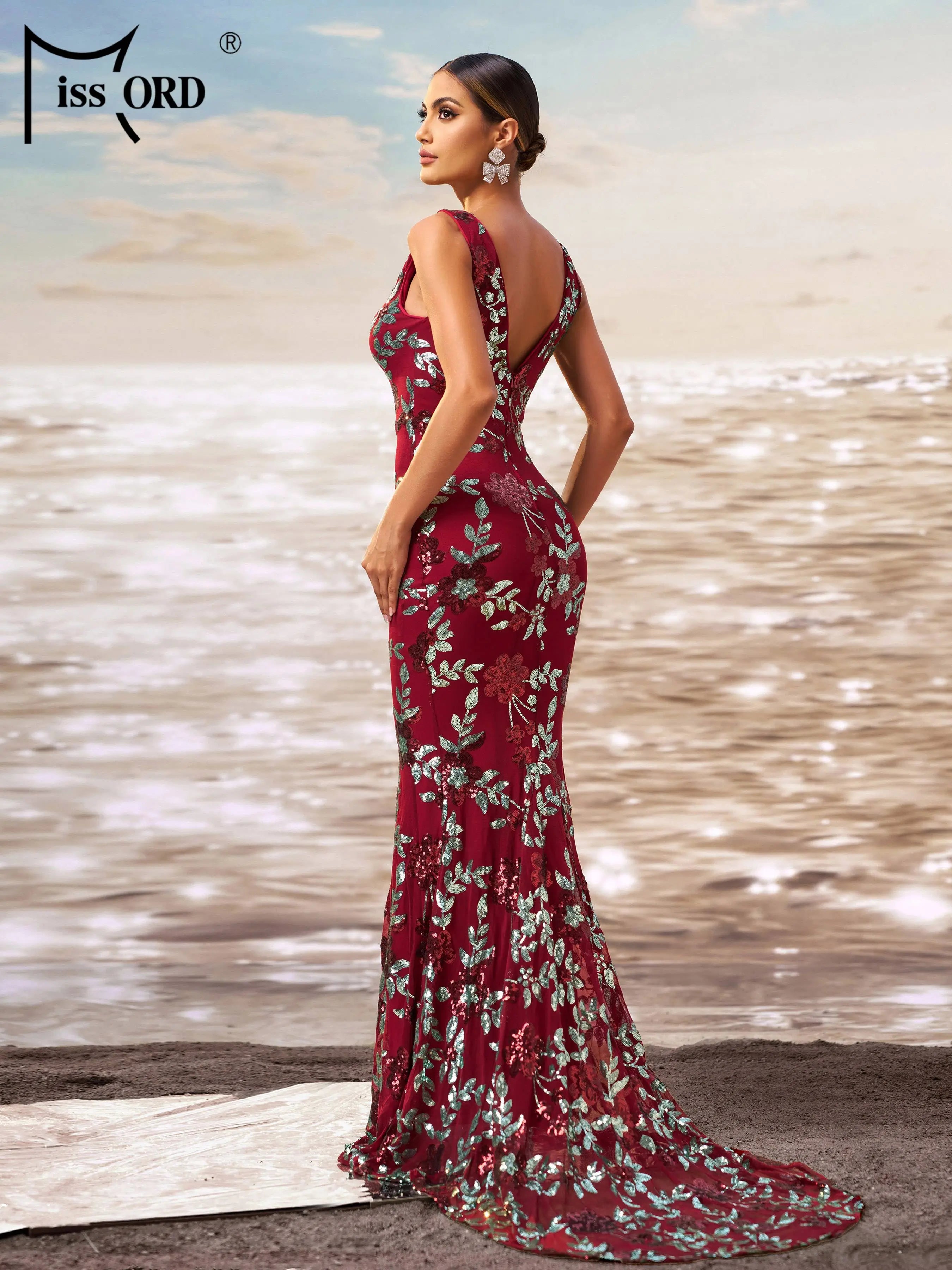 FZ Women's V Neck Sequin Mermaid Cocktail Floor Length Evening Dress