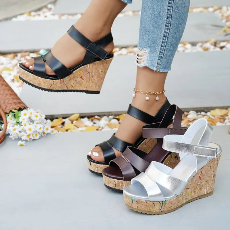 FZ Women's Silver Chunky Thick Sole Wedge Pu Leather Platform Sandals Shoes