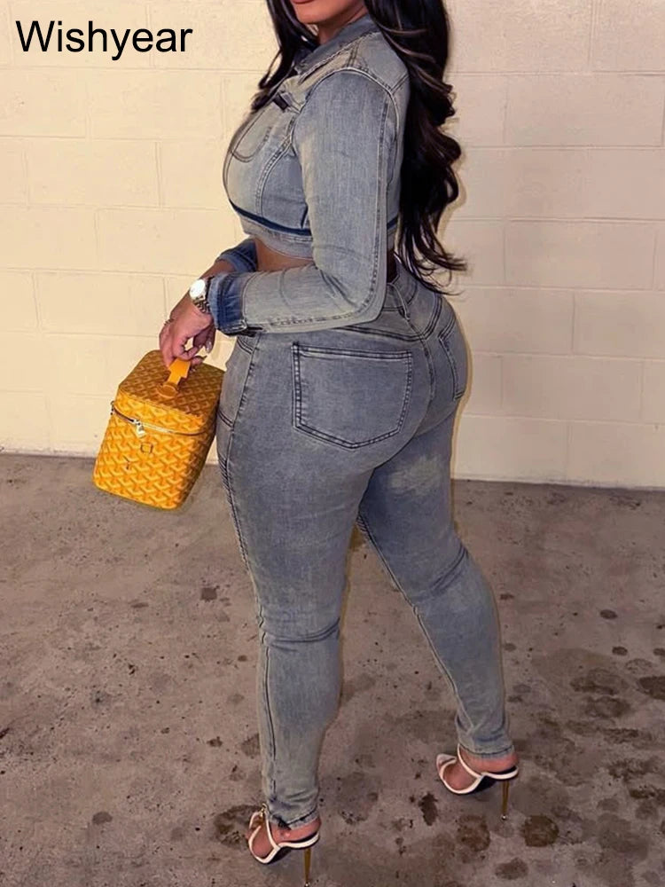 FZ Women's Blue Long Sleeve Ruched Patchwork 2 Piece Pencil Denim Pants Suit