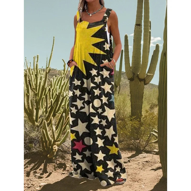 FZ Women's Vintage Flower Daisy Print Casual Strap Wide Leg Jumpsuit - 4 - FZwear