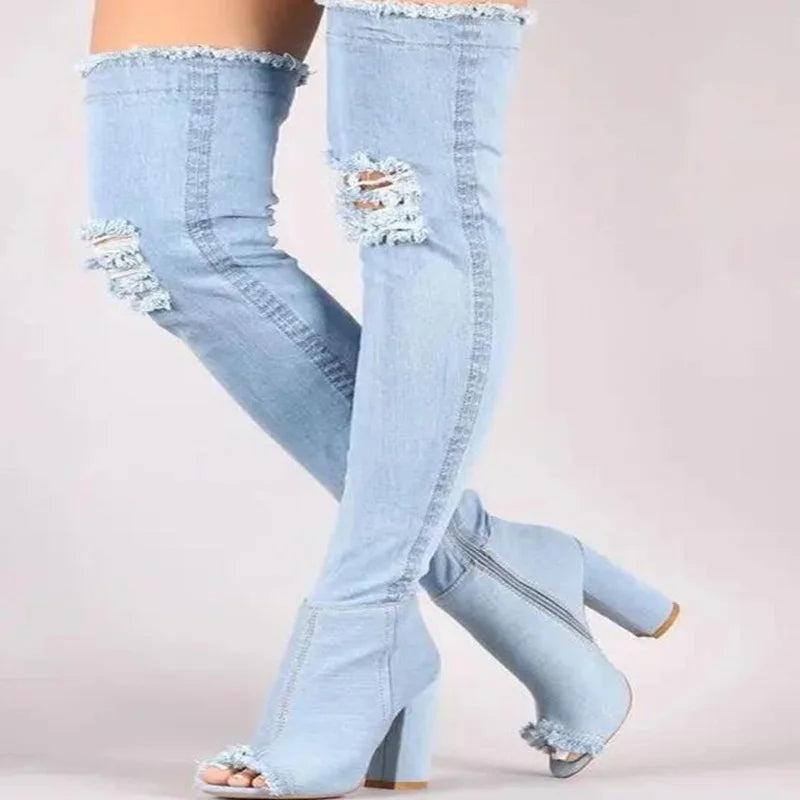 FZ Women's Chunky Heels Peep Toe Over The Knee Thigh High Denim Boots
