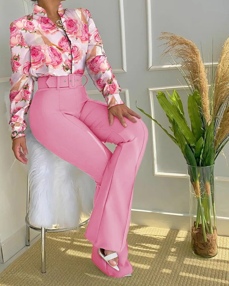 FZ Women's Leaf Print High Waist Two Pieces Pants Suit - FZwear