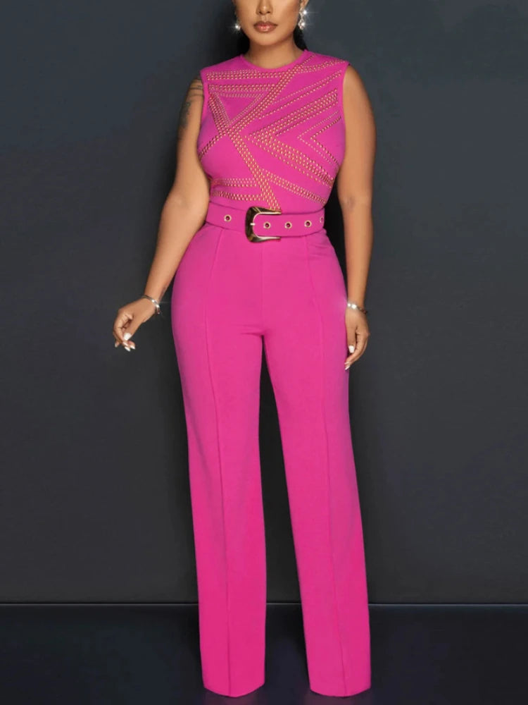 FZ Women's Diamonds Crew Neck High Waist Wide Leg Pants Jumpsuit - FZwear