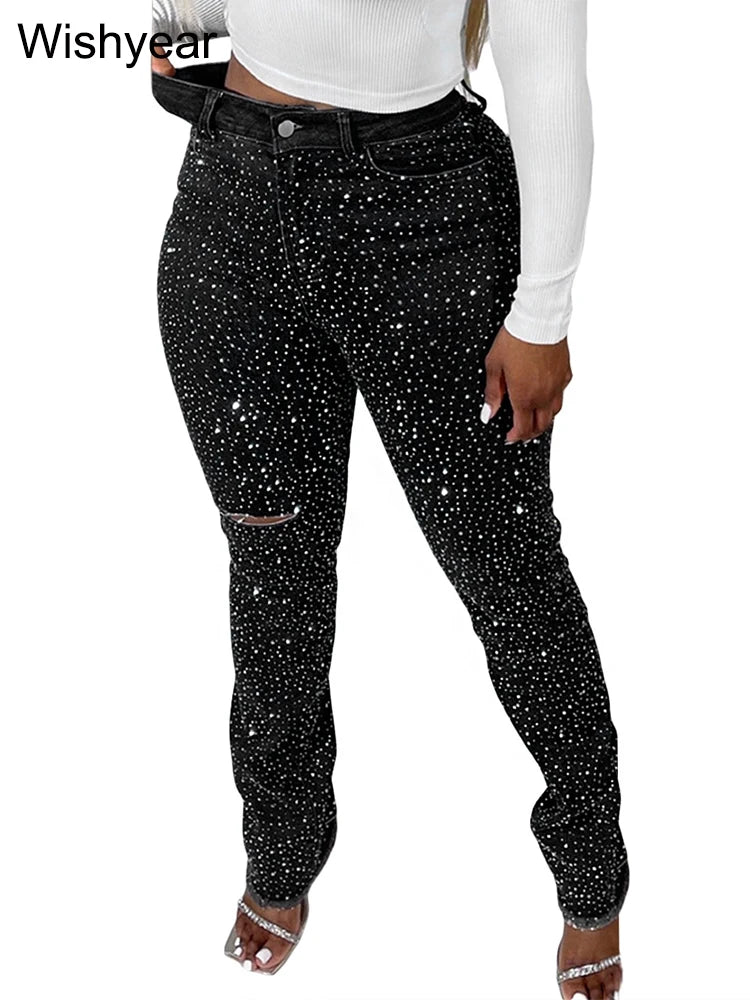 FZ Women's Skinny Stretch Diamonds Hole Pencil High Waist Washed Denim Pants