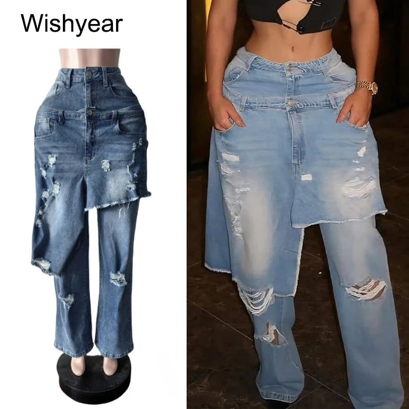 FZ Women's Apron Perforated Straight Wide Leg Streetwear Stretch Denim Pants