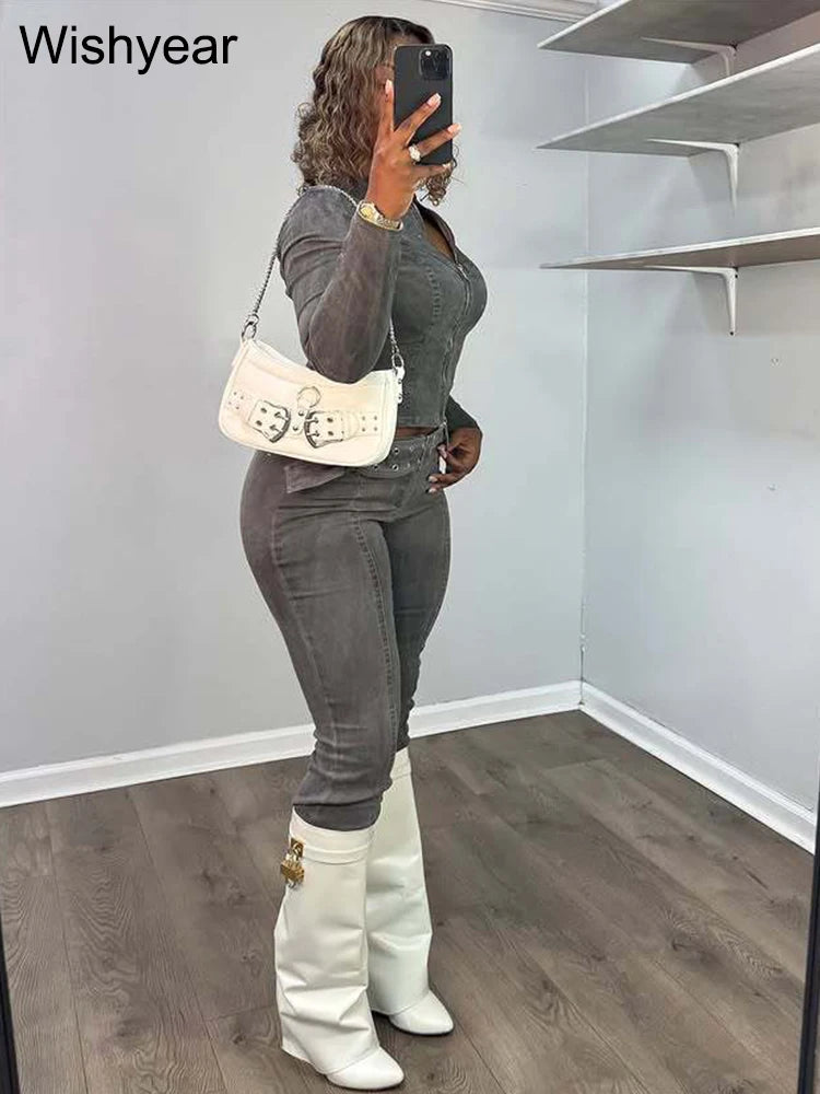 FZ Women's Vintage Gray Stretch Pencil  2-Piece Denim Pants Suit