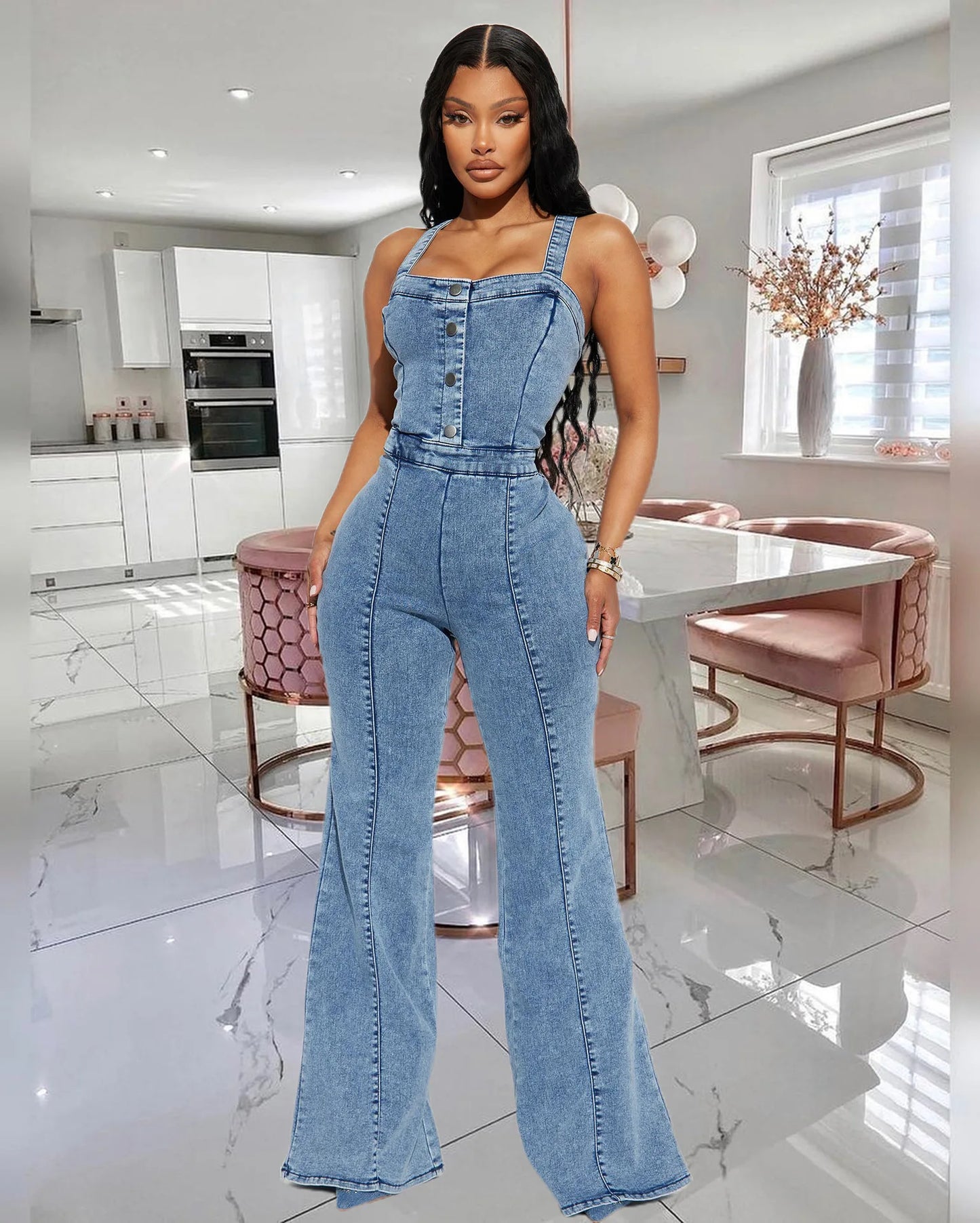 FZ Women's Sexy Strap Wide Leg Pants Flare Denim Jumpsuit