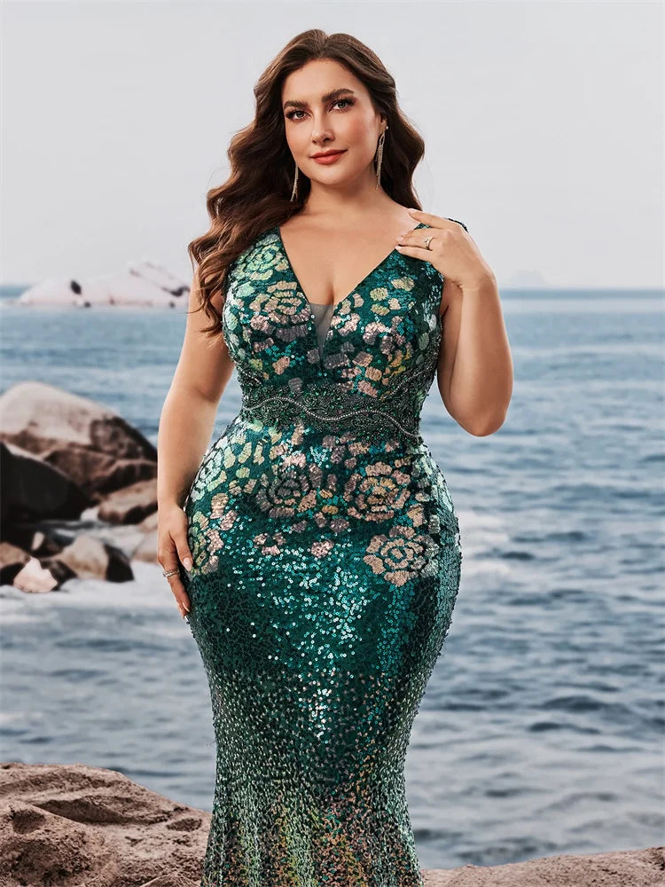 FZ Women's Plus Size V-Neck Mermaid Cocktail Sequins Evening Dress
