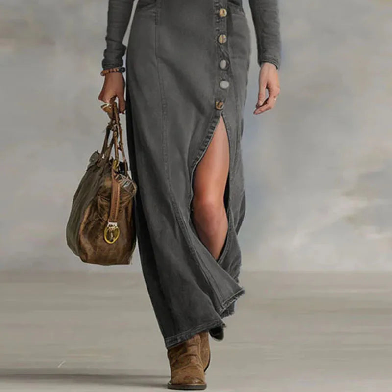 FZ Women's Button Front High Split Denim Dress