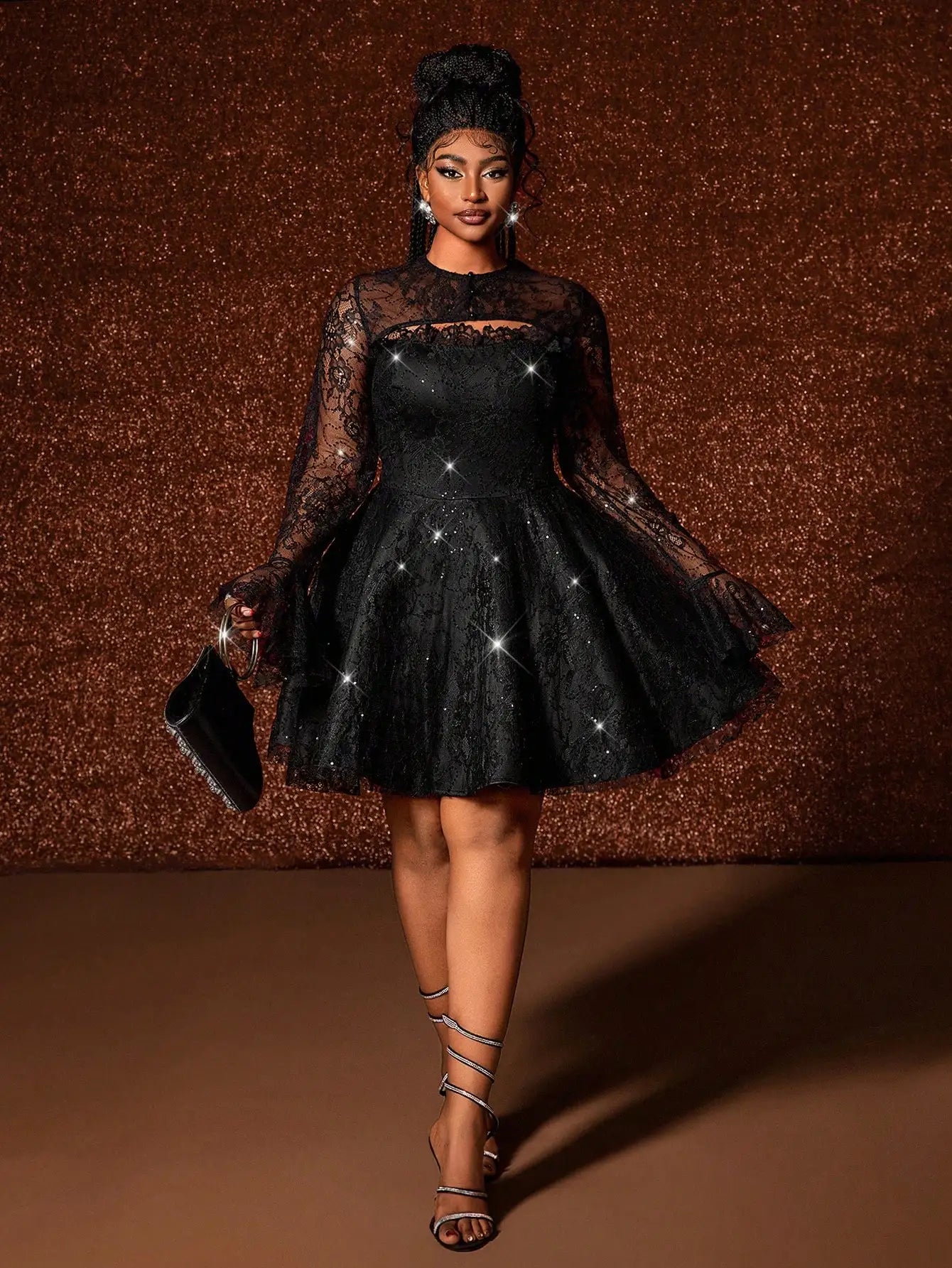 FZ Women's Plus Size Black Lace with Long Sleeves, A-Line Sequin Dress