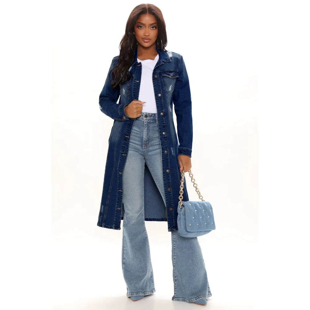 FZ Women's Hole Loose Turndown Collar Straight Denim Jacket - FZwear